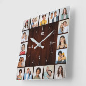16 Foto-Collage Rote Faux-Holzzaun Quadratische Wanduhr (Winkel)
