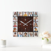 16 Foto-Collage Rote Faux-Holzzaun Quadratische Wanduhr (Zuhause)
