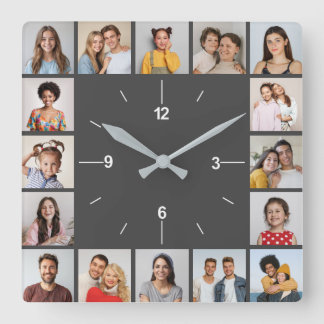 16 FotoCollage grau und weiß Quadratische Wanduhr