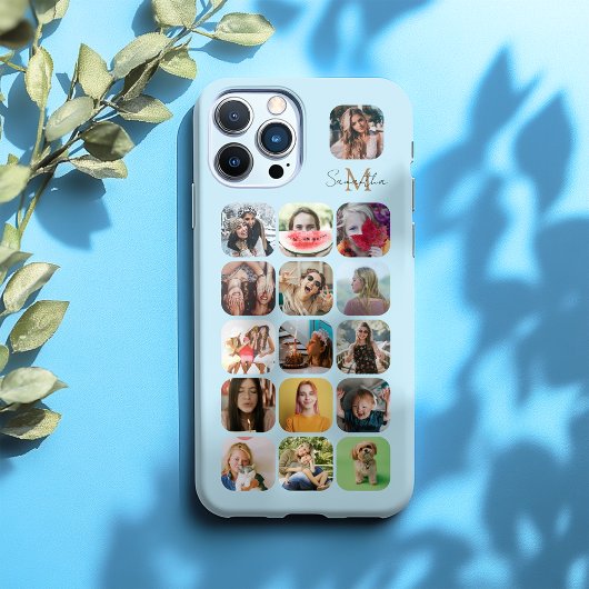 16 Fotomaterial Pastellblau und Monogramm iPhone Hülle