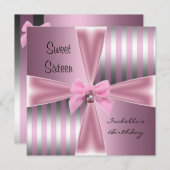 16 . Geburtstag16th Birthday Satin Pink Stripe Bow Einladung (Vorne/Hinten)