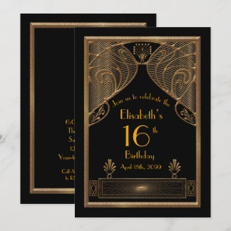 16., Geburtstag 16., Art Deco, schwarzes Gold Einladung