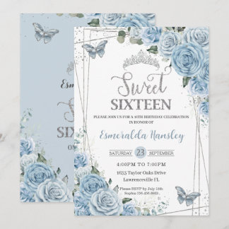 16 . Geburtstag 16 Baby Blue Floral Butterflies 16 Einladung