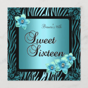 16 . Geburtstag 16 Birthday Blue Blume Black Silve Einladung