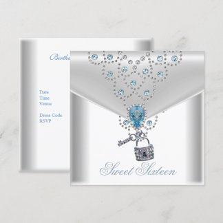 16 . Geburtstag 16 Elegant White Silver Blue Jewel Einladung