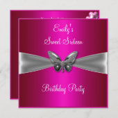 16 . Geburtstag 16 Fuschia Silver Butterfly Jewel Einladung (Vorne/Hinten)