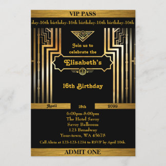 16., Geburtstag 16., Gatsby Art, Karte, schwarzes Einladung
