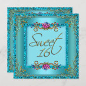 16 . Geburtstag 16 Geburtstag Aquamarin Blue Gold Einladung (Vorne/Hinten)