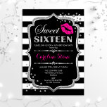 16. Geburtstag - 16 . Geburtstag Black Pink Silver Einladung<br><div class="desc">16 . Geburtstag Einladung zum Geburtstag. Elegantes Schwarz-weißes Design mit Imitaten Glitzer Silber. Verfügt über rosa Lippen Kuss,  Schwarz-weiße Streifen,  Konfetti und Skript-Schriftart. Ideal für eine stilvolle 16. Geburtstagsfeier. Nachricht,  wenn Sie weitere Anpassungen benötigen.</div>