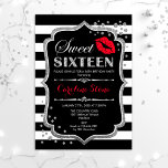 16. Geburtstag - 16 . Geburtstag Black Red Silver Einladung<br><div class="desc">16 . Geburtstag Einladung zum Geburtstag. Elegantes Schwarz-weißes Design mit Imitaten Glitzer Silber. Verfügt über Rote Lippen Kuss,  Schwarz-weiße Streifen,  Konfetti und Skript-Schriftart. Ideal für eine stilvolle 16. Geburtstagsfeier. Nachricht,  wenn Sie weitere Anpassungen benötigen.</div>