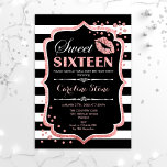 16. Geburtstag - 16 . Geburtstag Black Rose Gold Einladung<br><div class="desc">16 . Geburtstag Einladung zum Geburtstag. Elegantes Schwarz-weißes Design mit Imitate Glitzer Rose Gold. Verfügt über rosa Lippen Kuss,  Schwarz-weiße Streifen,  Konfetti und Skript-Schriftart. Ideal für eine stilvolle 16. Geburtstagsfeier. Nachricht,  wenn Sie weitere Anpassungen benötigen.</div>