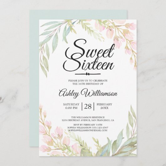 16 . Geburtstag 16. Geburtstag Blauer Rosa Einladung (Vorne/Hinten)