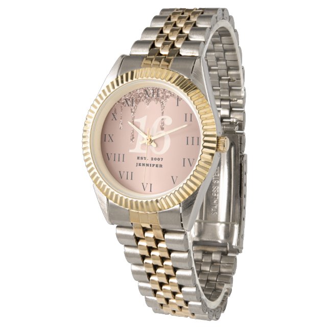 16. Geburtstag 16 . Geburtstag Glitzer Rose Gold G Armbanduhr (Schrägansicht)