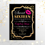 16. Geburtstag - 16 . Geburtstag Gold Black Pink Einladung<br><div class="desc">16 . Geburtstag Einladung zum Geburtstag. Elegantes Schwarz-weißes Design mit Imitate Glitzer Gold. Enthält rosa Lippen Kuss,  Konfetti und Script-Schriftart. Ideal für eine stilvolle 16. Geburtstagsfeier. Nachricht,  wenn Sie weitere Anpassungen benötigen.</div>