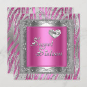 16 . Geburtstag 16 Geburtstag Rosa Silberne Herzen Einladung (Vorne/Hinten)