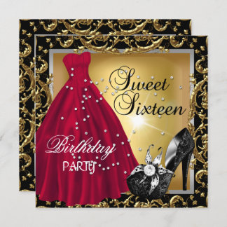 16 . Geburtstag 16 Geburtstagsparty Red Gold Dress Einladung