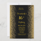 16., Geburtstag 16., Glitzer, schwarzes Gold Einladung (Vorderseite)