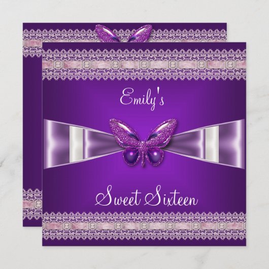 16 . Geburtstag 16 Lila Schmetterling Einladung (Vorne/Hinten)