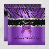 16 . Geburtstag 16 Lila Silberschwarzer Zebra-Leop Einladung (Vorne/Hinten)