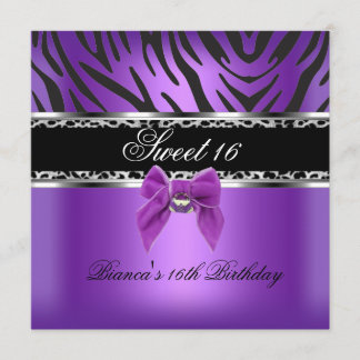 16 . Geburtstag 16 Lila Silberschwarzer Zebra-Leop Einladung