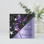 16 . Geburtstag 16 Lilac Black Silver Mask Einladung (Stehend Vorderseite)