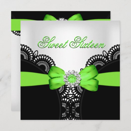 16 . Geburtstag 16 Limone Schwarz-weiße Spitze Einladung (Vorne/Hinten)