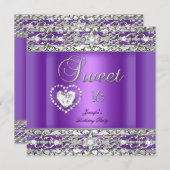 16 . Geburtstag 16 Party Lila Silver Diamond Einladung (Vorne/Hinten)