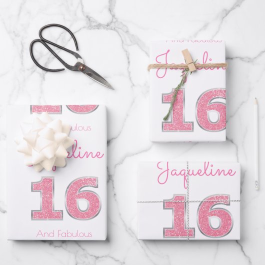 16. Geburtstag 16 und fabelhafter Girly Pink Glitz Geschenkpapier Set (Vorderseite)