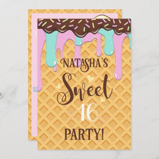 16 . Geburtstag 16 Waffelkone Einladung (Vorne/Hinten)