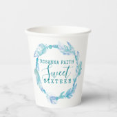 16 . Geburtstag Aqua feather perlen Aquarell Pappbecher (Vorderseite)