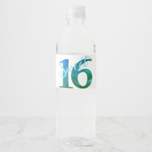 16. Geburtstag   Aquamarin-grüne Grunge und Imitat Wasserflaschenetikett