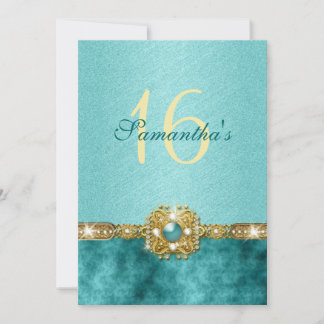 "16 . Geburtstag" aquamarines Gold 16 Geburtstag Einladung