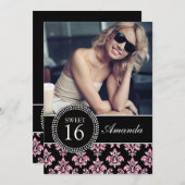 16. GEBURTSTAG, BABY-ROSA-GLITZER, SCHWARZER EINLADUNG (Vorne/Hinten)