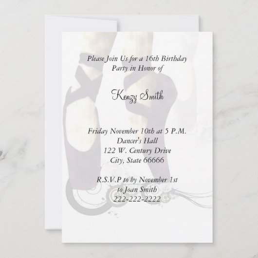 16 . Geburtstag Ballerina Party Einladung (Rückseite)