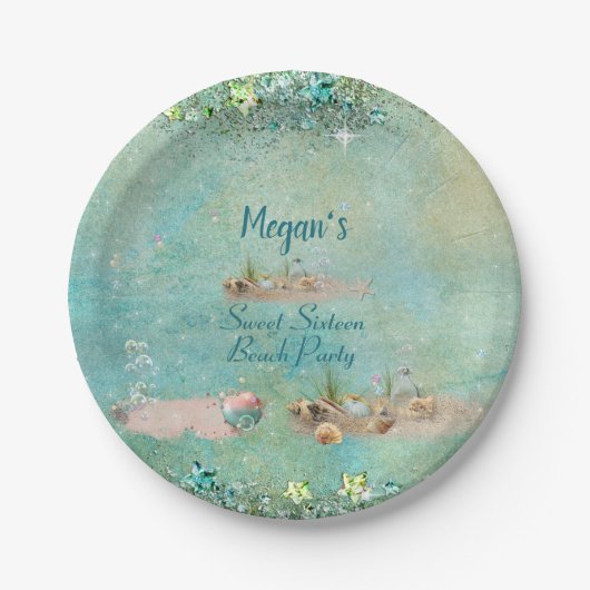 16 . Geburtstag Beach Tropical Seashells & Pearls Pappteller (Vorderseite)