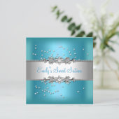 16 . Geburtstag Birthday Aquamarin Blue Silver Dia Einladung (Stehend Vorderseite)