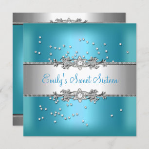 16 . Geburtstag Birthday Aquamarin Blue Silver Dia Einladung