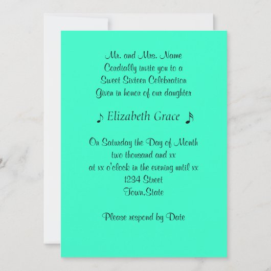 16 . Geburtstag Birthday Einladung Musiknoten (Rückseite)