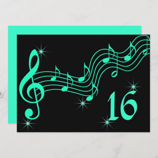 16 . Geburtstag Birthday Einladung Musiknoten (Vorne/Hinten)