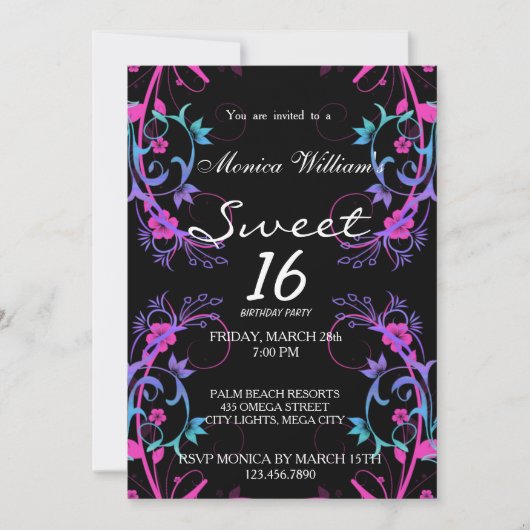 16 . Geburtstag Birthday Party Einladung Damask (Vorderseite)