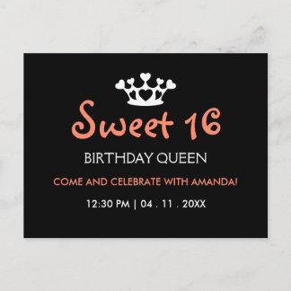 16 . Geburtstag Birthday Queen - Pink Black Invite Einladungspostkarte