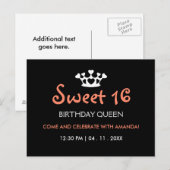 16 . Geburtstag Birthday Queen - Pink Black Invite Einladungspostkarte (Vorne/Hinten)