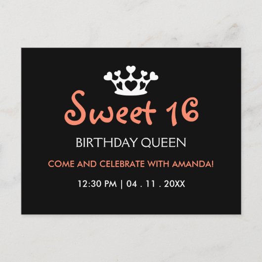 16 . Geburtstag Birthday Queen - Pink Black Invite Einladungspostkarte (Vorderseite)