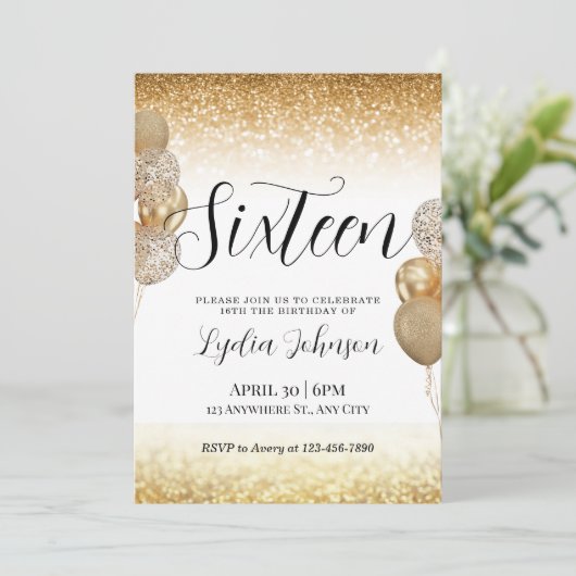 16 . Geburtstag Birthday, Sweet 16, Goldene Einlad Einladung (Stehend Vorderseite)
