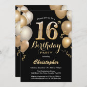 16. Geburtstag Black and Gold Balloons Confetti Einladung (Vorne/Hinten)