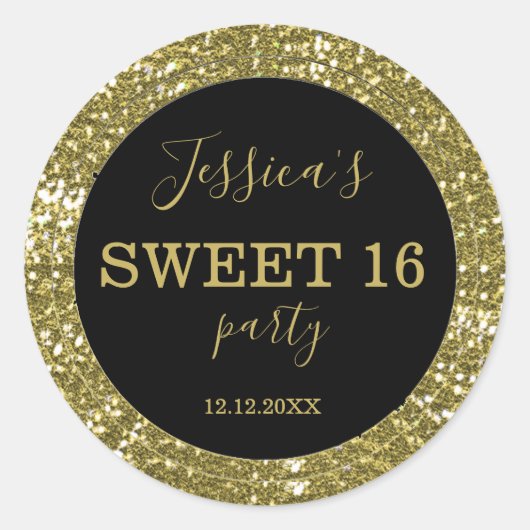 16 . Geburtstag Black and Gold Glitzer Runder Aufkleber (Vorderseite)