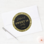 16 . Geburtstag Black and Gold Glitzer Runder Aufkleber (Umschlag)