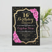 16. Geburtstag - Black Gold Rosa Roses Einladung (Stehend Vorderseite)