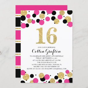16. Geburtstag Black Hot Pink Gold Glitzer Confett Einladung