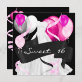 16 . Geburtstag Black Pink White Dress Balloons Einladung (Vorne/Hinten)